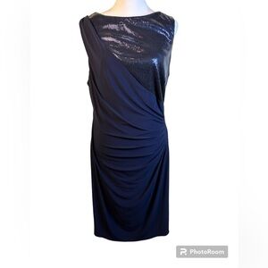 Roz & Ali Woman Sequined Dress Stretchy Midi Length Navy Blue Ruched Size 14W